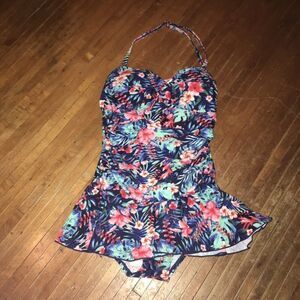 Shore Shapes ruched halter floral skirted one piece swimsuit